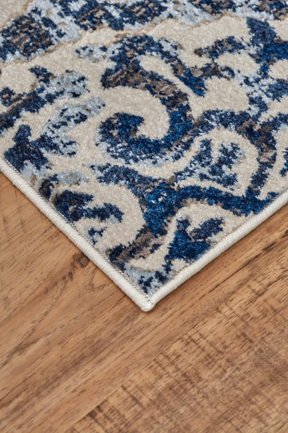 '9' Blue Ivory And Black Round Floral Distressed Stain Resistant Area Rug