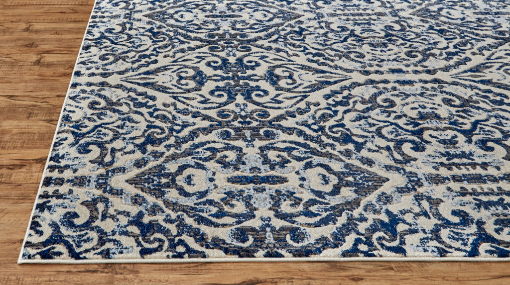 9' Blue and Ivory Round Floral Distressed Area Rug