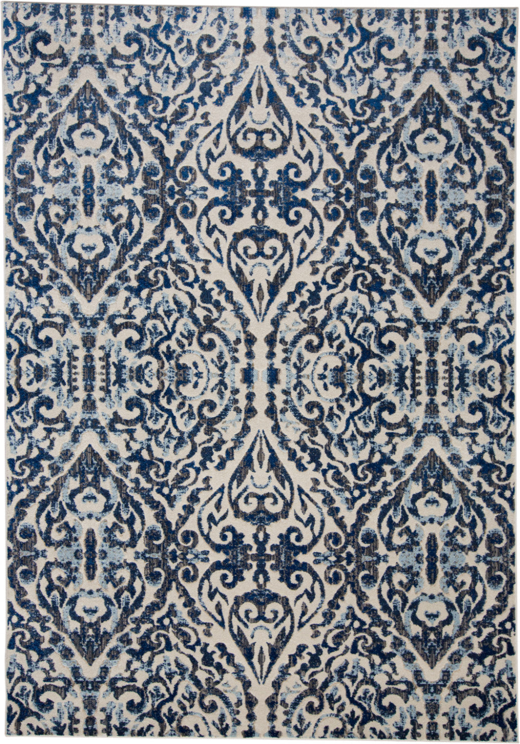 '9' Blue Ivory And Black Round Floral Distressed Stain Resistant Area Rug