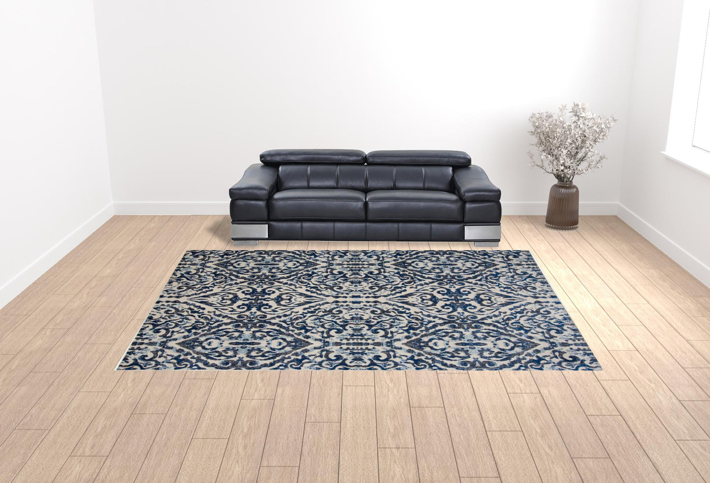 '9' Blue Ivory And Black Round Floral Distressed Stain Resistant Area Rug