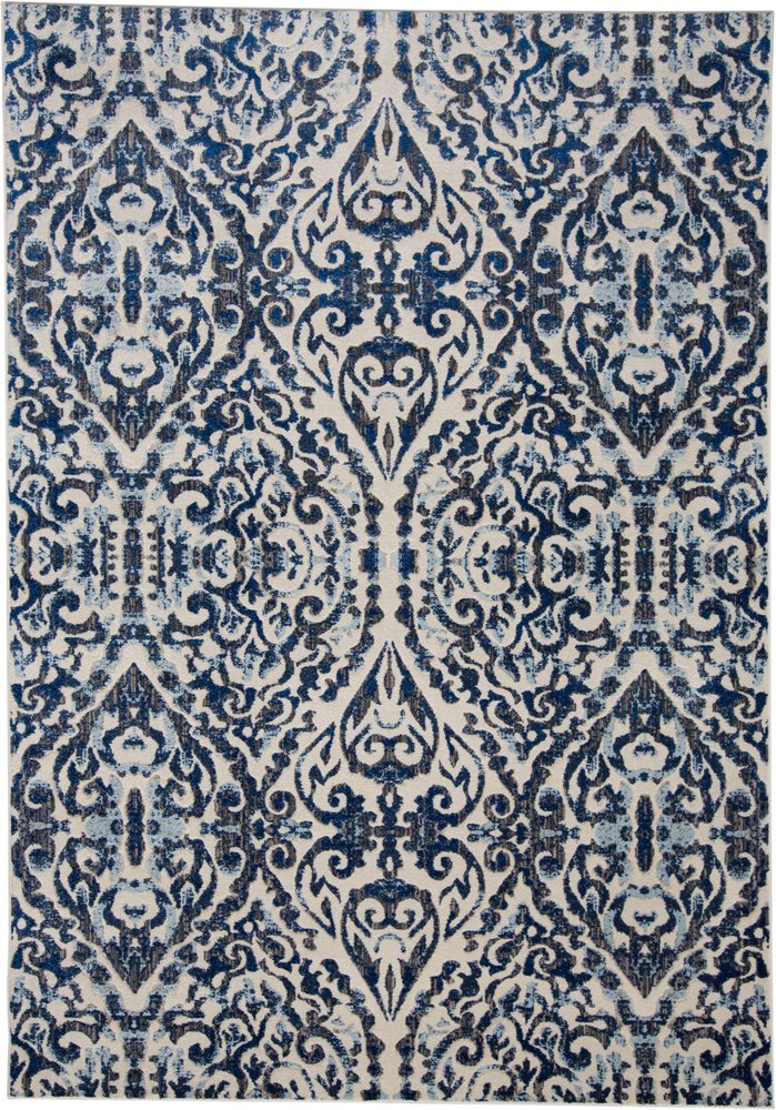 10' X 14' Blue Ivory And Black Floral Distressed Stain Resistant Area Rug