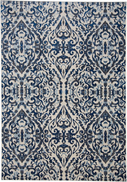 10' X 14' Blue Ivory And Black Floral Distressed Stain Resistant Area Rug