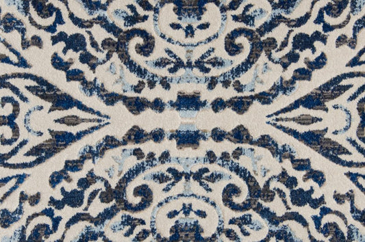 9' Blue and Ivory Round Floral Distressed Area Rug