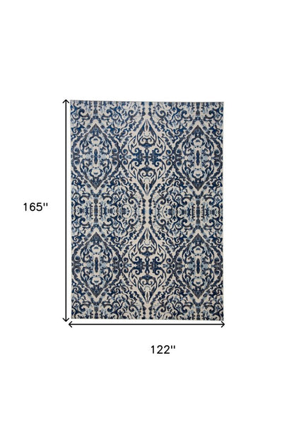 10' X 14' Blue Ivory And Black Floral Distressed Stain Resistant Area Rug