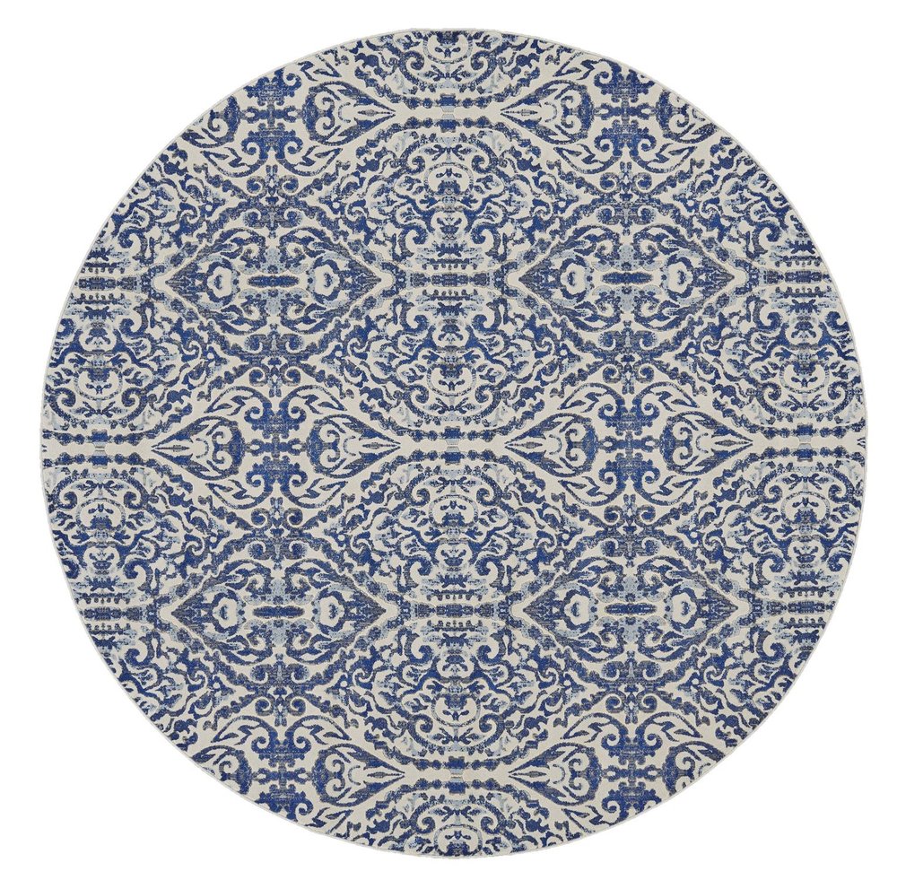 9' Blue and Ivory Round Floral Distressed Area Rug