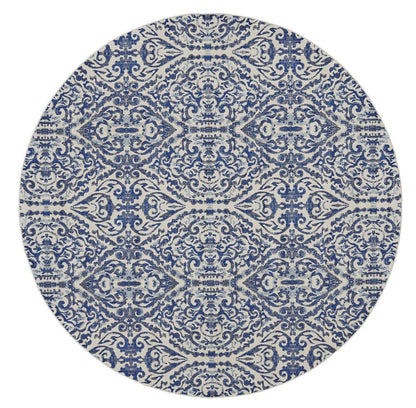 9' Blue and Ivory Round Floral Distressed Area Rug