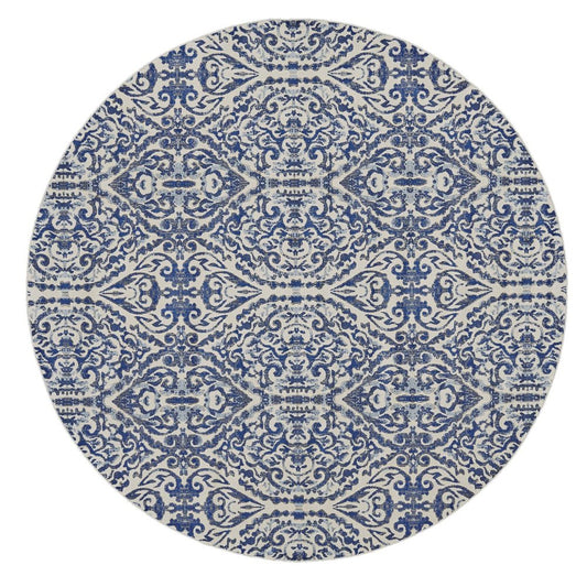 9' Blue and Ivory Round Floral Distressed Area Rug