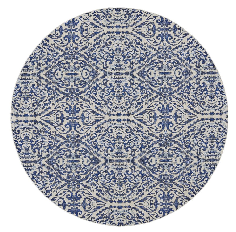 9' Blue and Ivory Round Floral Distressed Area Rug