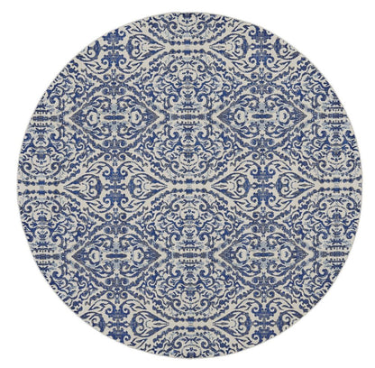 9' Blue and Ivory Round Floral Distressed Area Rug