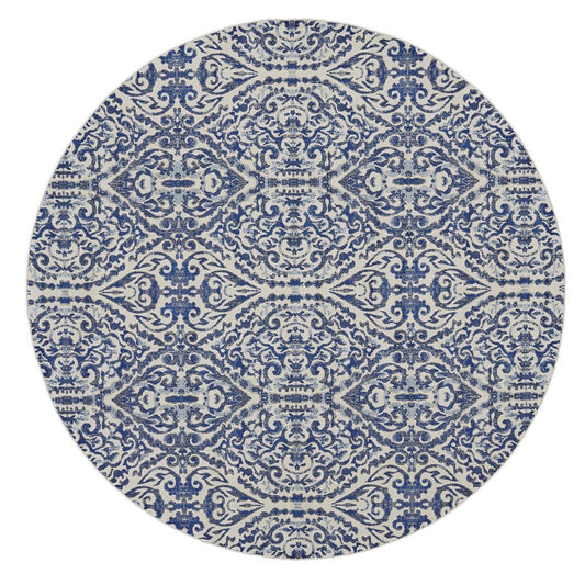 9' Blue and Ivory Round Floral Distressed Area Rug