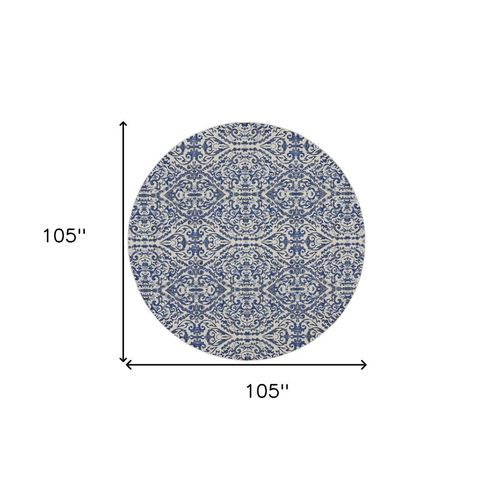 9' Blue and Ivory Round Floral Distressed Area Rug
