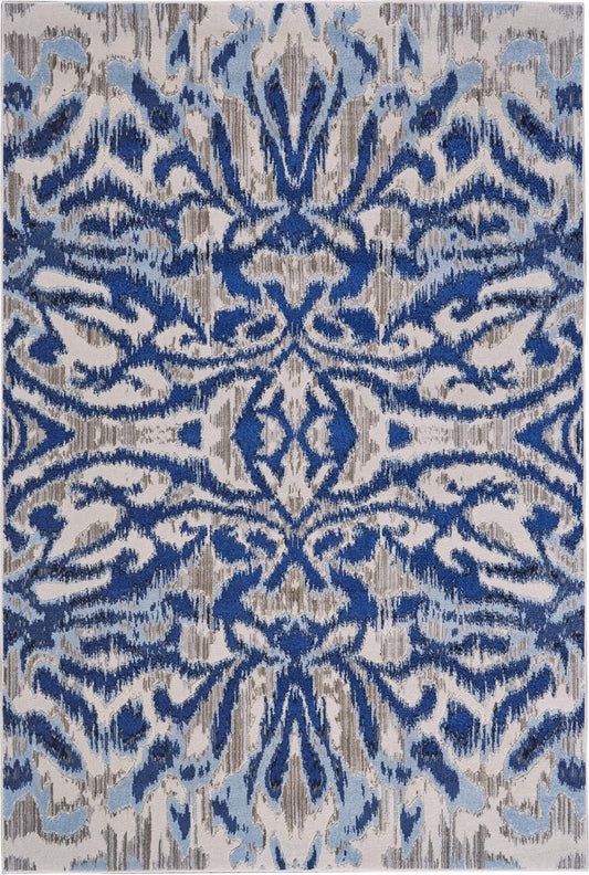 '9' Blue Taupe And Ivory Round Ikat Distressed Stain Resistant Area Rug