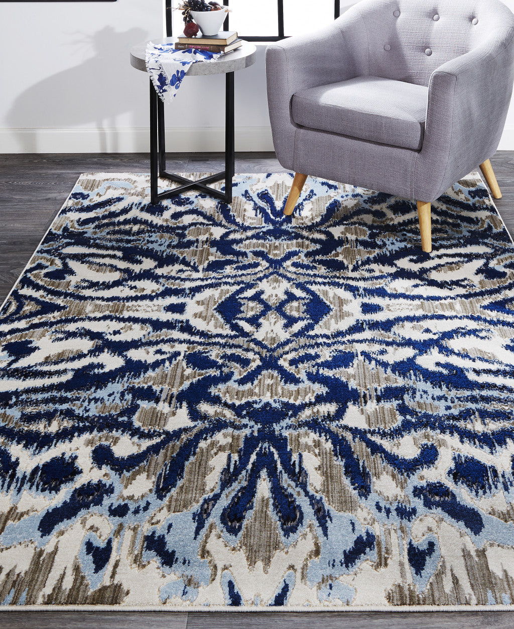 '9' Blue Taupe And Ivory Round Ikat Distressed Stain Resistant Area Rug