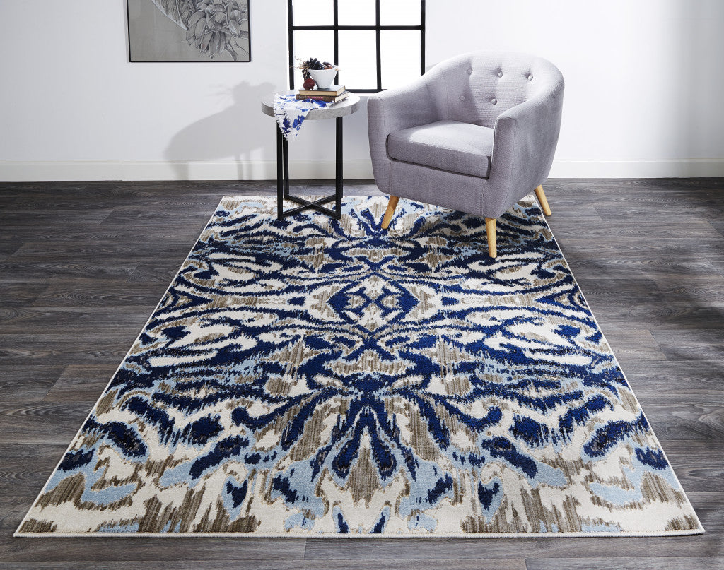 5' X 8' Blue Taupe And Ivory Ikat Distressed Area Rug