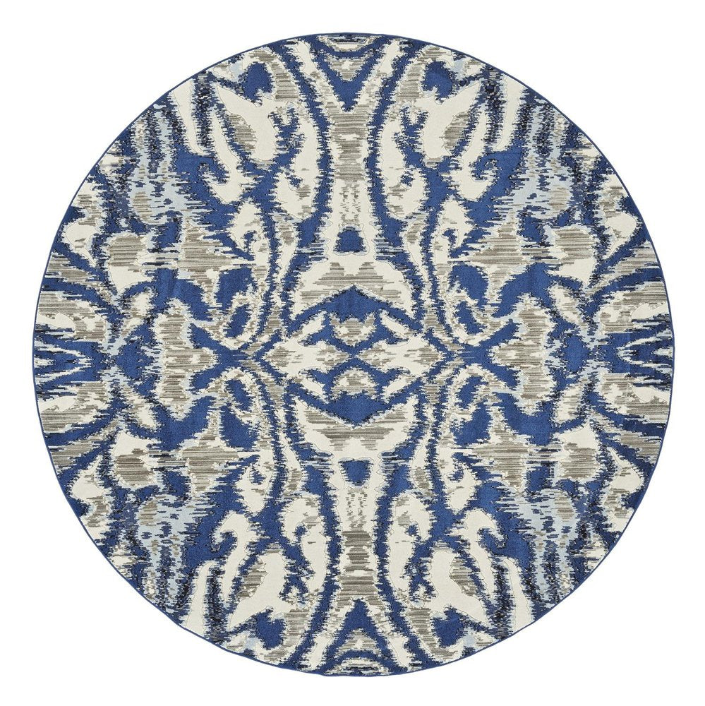 9' Ivory Blue And Gray Ikat Distressed Round Rug