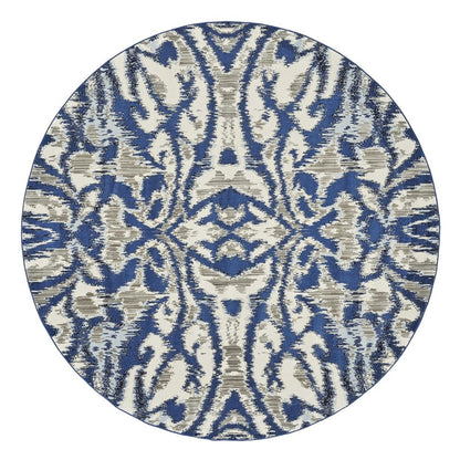 9' Ivory Blue And Gray Ikat Distressed Round Rug