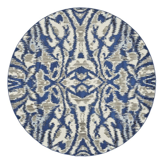 9' Ivory Blue And Gray Ikat Distressed Round Rug