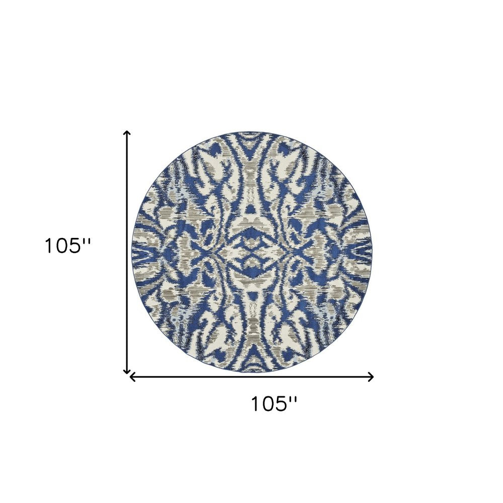 9' Ivory Blue And Gray Ikat Distressed Round Rug