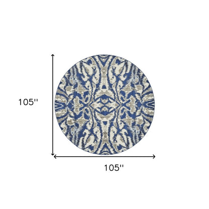 9' Ivory Blue And Gray Ikat Distressed Round Rug