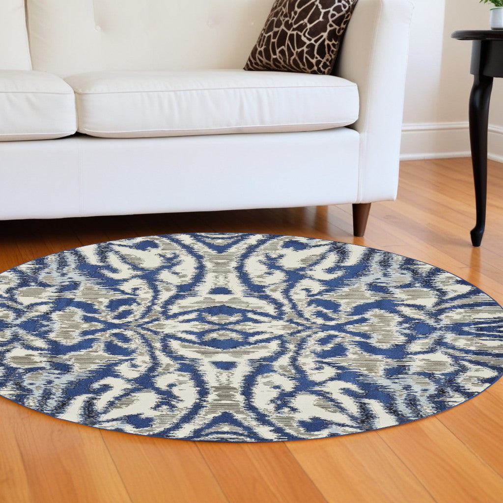 5' X 8' Blue Taupe And Ivory Ikat Distressed Area Rug