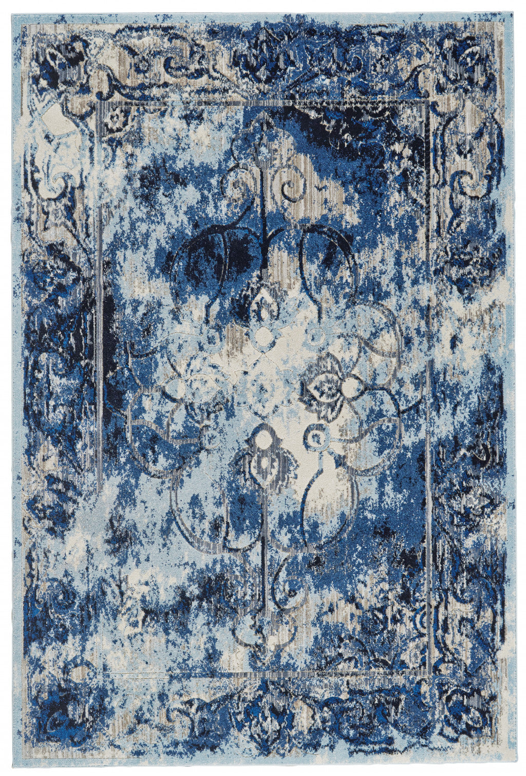 2' X 4' Blue Ivory And Gray Floral Distressed Stain Resistant Area Rug