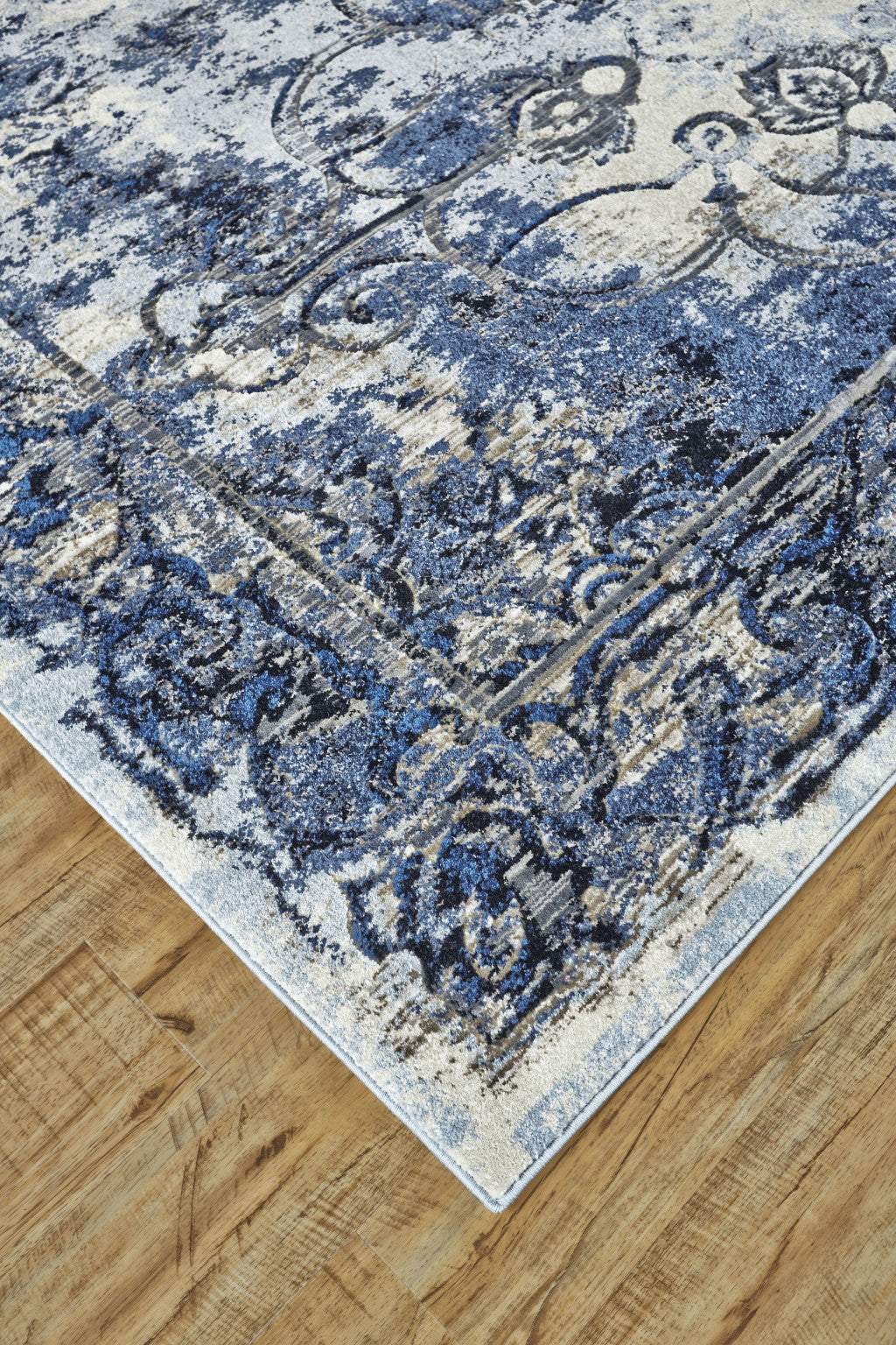 2' X 4' Blue Ivory And Gray Floral Distressed Stain Resistant Area Rug