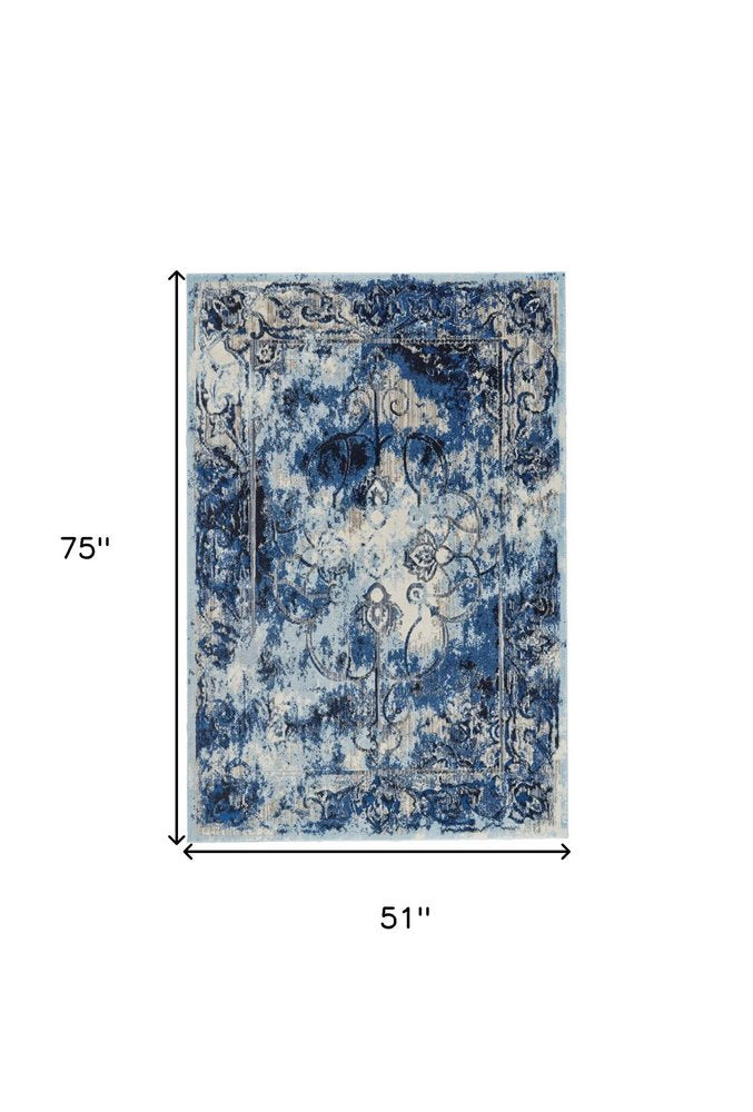 4' X 6' Blue Ivory And Gray Floral Distressed Stain Resistant Area Rug