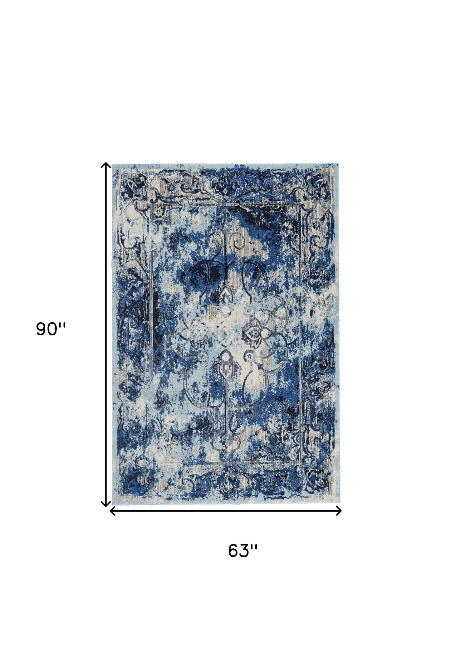 2' X 4' Blue Ivory And Gray Floral Distressed Stain Resistant Area Rug