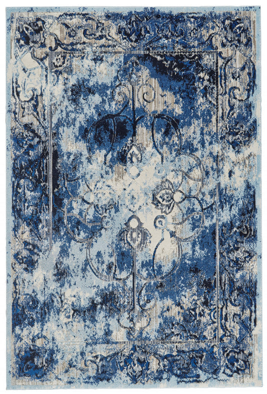 5' X 8' Blue Ivory And Gray Floral Distressed Stain Resistant Area Rug