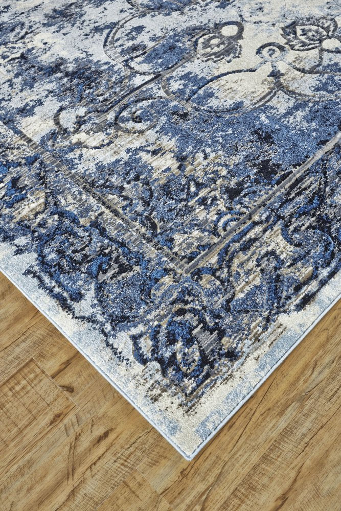 9' Blue And Ivory Floral Distressed Round Rug