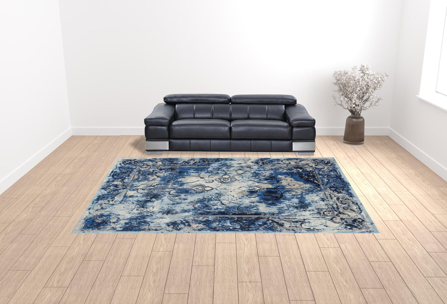 '9' Blue Ivory And Gray Round Floral Distressed Stain Resistant Area Rug