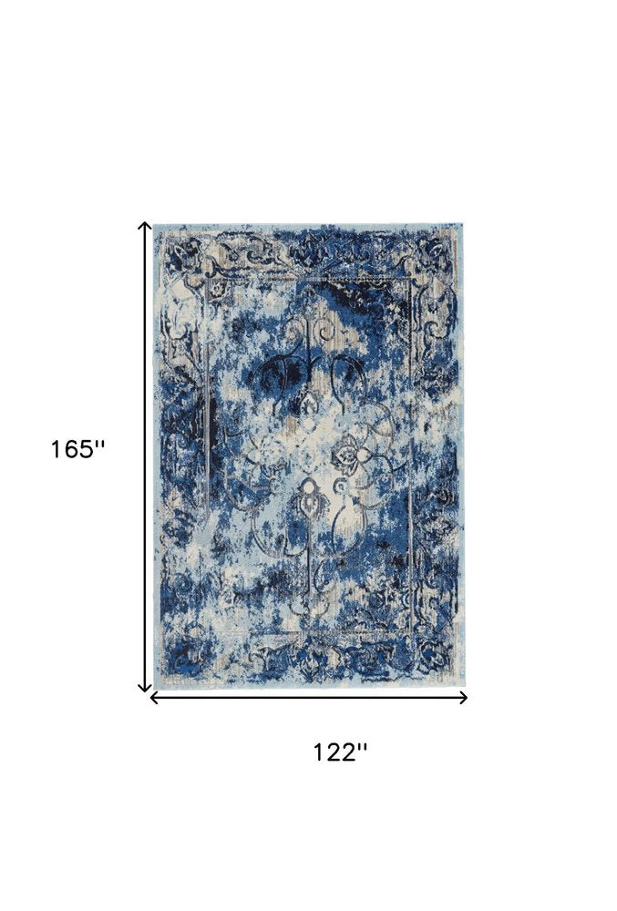 4' X 6' Blue Ivory And Gray Floral Distressed Stain Resistant Area Rug