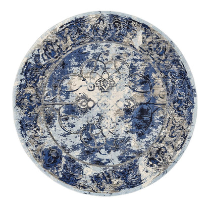 9' Blue And Ivory Floral Distressed Round Rug
