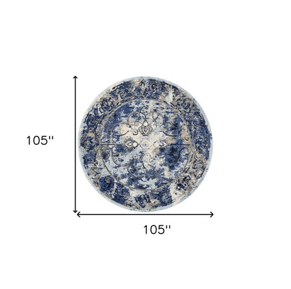 9' Blue And Ivory Floral Distressed Round Rug