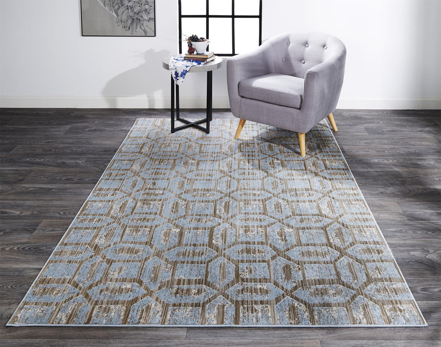 5' X 8' Blue Taupe And Ivory Floral Distressed Stain Resistant Area Rug