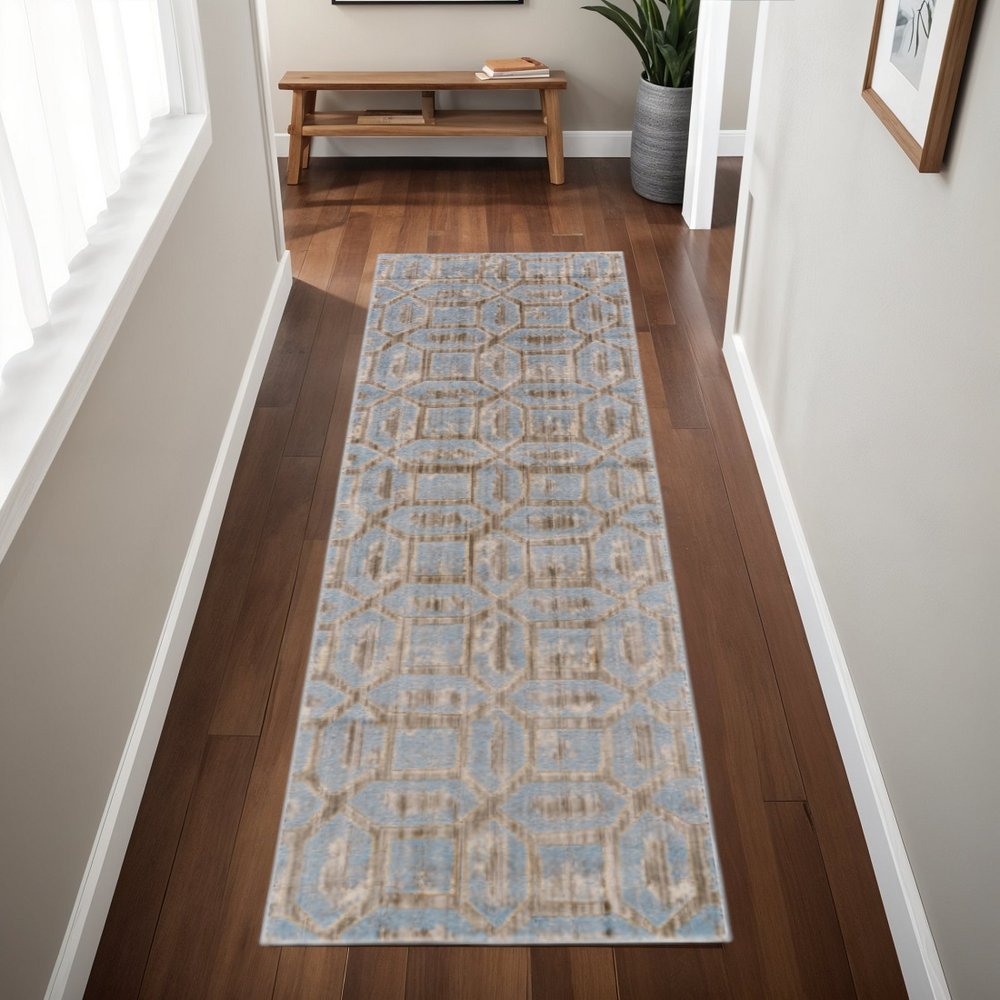 8' Blue Taupe And Ivory Floral Distressed Stain Resistant Runner Rug