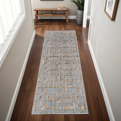 8' Blue Taupe And Ivory Floral Distressed Stain Resistant Runner Rug