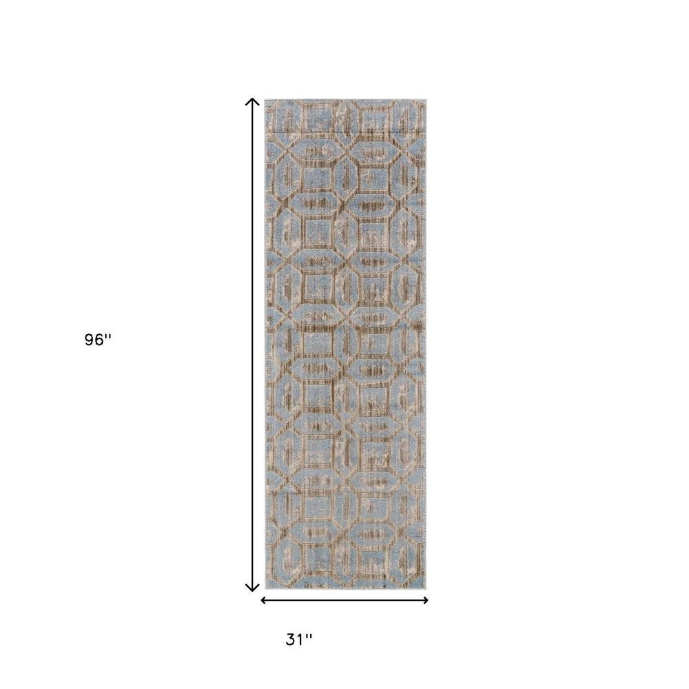 8' Blue Taupe And Ivory Floral Distressed Stain Resistant Runner Rug