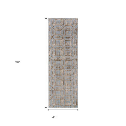 8' Blue Taupe And Ivory Floral Distressed Stain Resistant Runner Rug