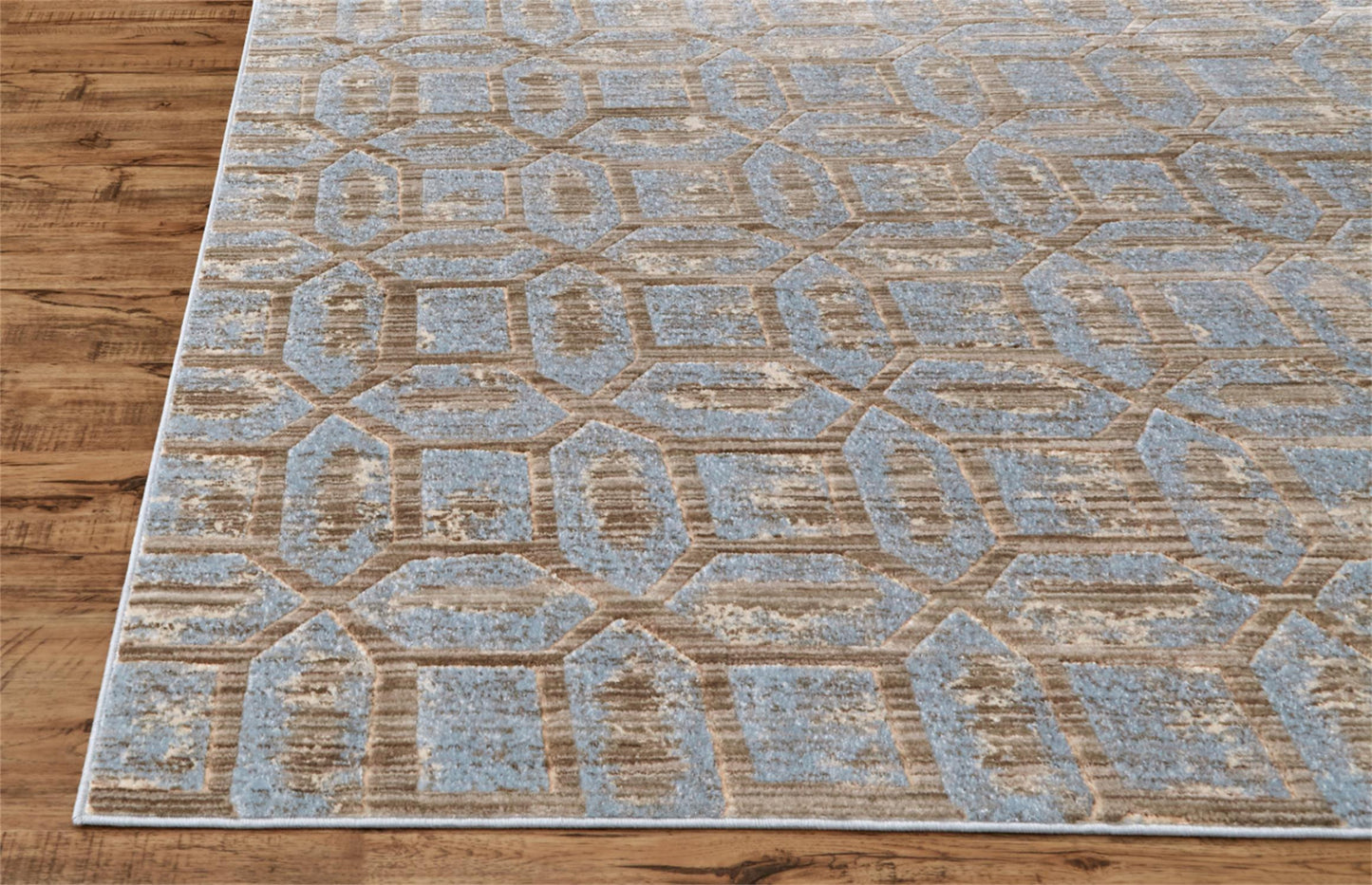 5' X 8' Blue Taupe And Ivory Floral Distressed Stain Resistant Area Rug