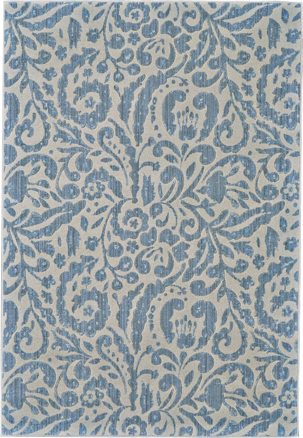 2' X 4' Blue Ivory And Tan Floral Distressed Stain Resistant Area Rug