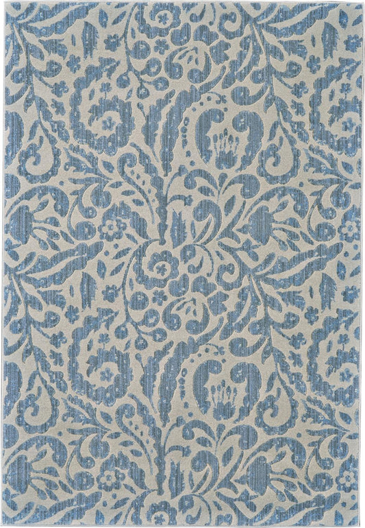 2' X 4' Blue Ivory And Tan Floral Distressed Stain Resistant Area Rug