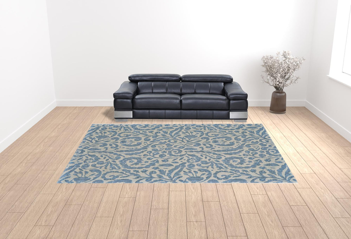 2' X 4' Blue Ivory And Tan Floral Distressed Stain Resistant Area Rug