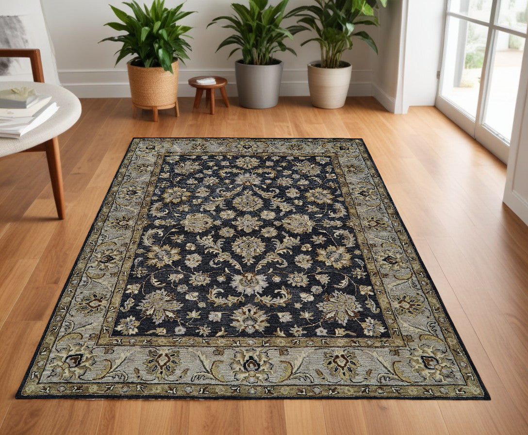 2' X 3' Blue Gray And Taupe Wool Floral Tufted Handmade Stain Resistant Area Rug