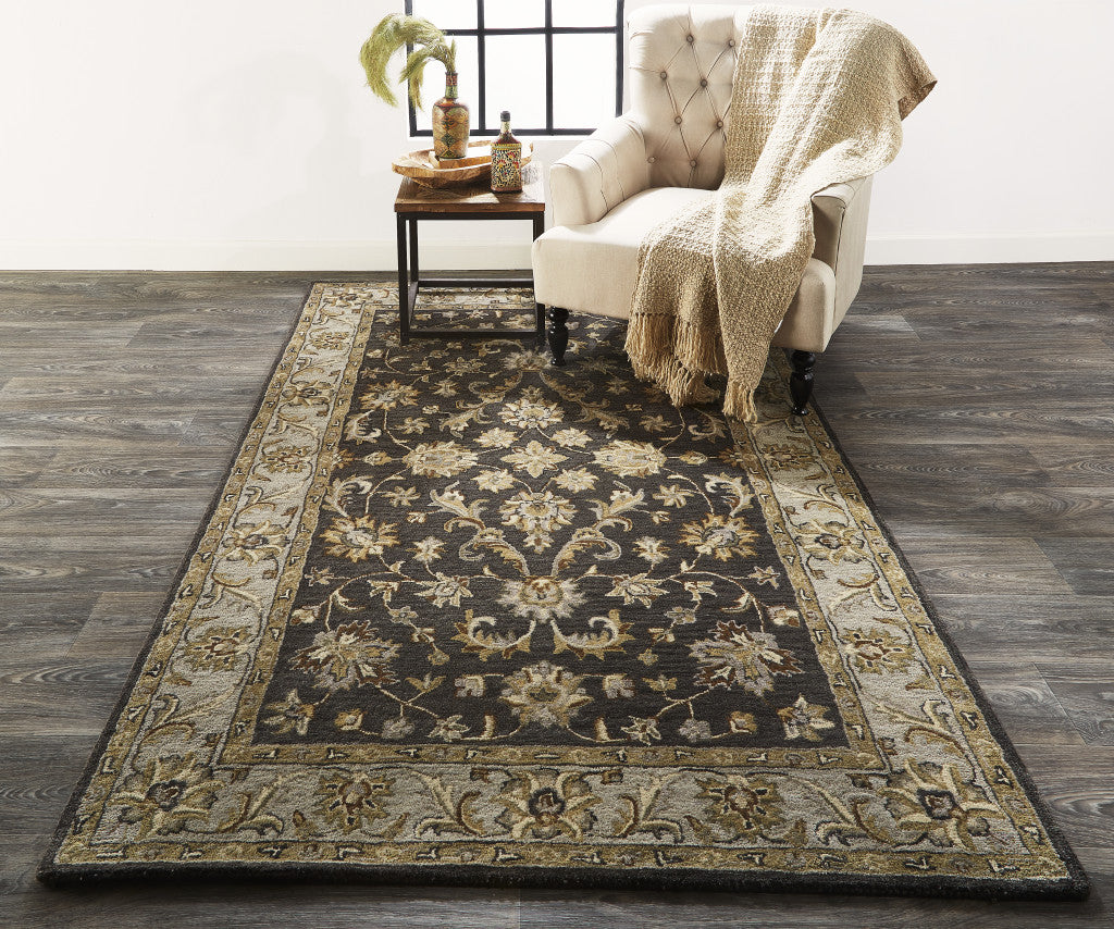 4' X 6' Blue Gray And Taupe Wool Floral Tufted Handmade Stain Resistant Area Rug