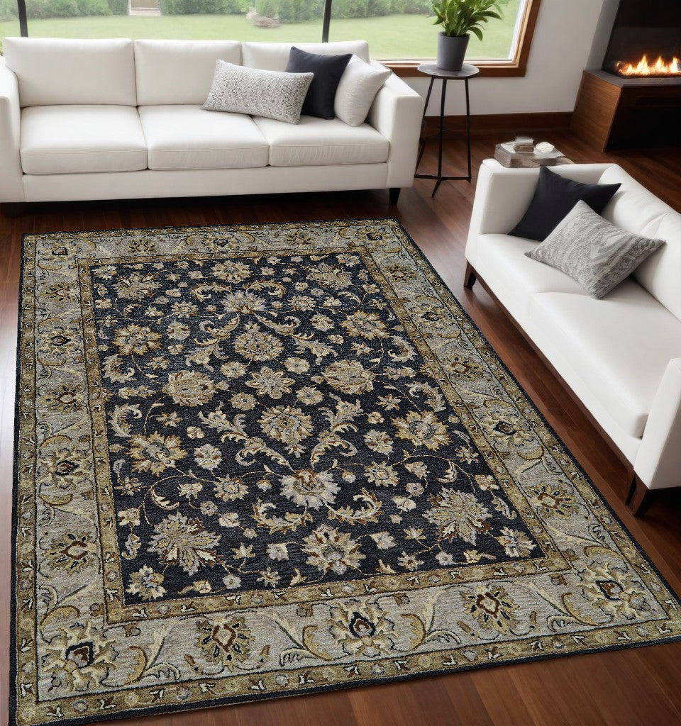5' X 8' Blue Gray And Taupe Wool Floral Tufted Handmade Stain Resistant Area Rug