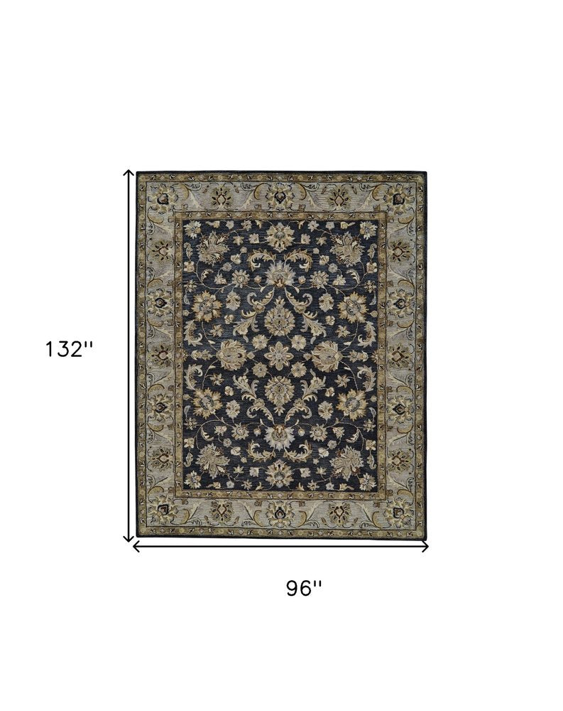 8' X 11' Gray And Ivory Wool Floral Hand Tufted Area Rug
