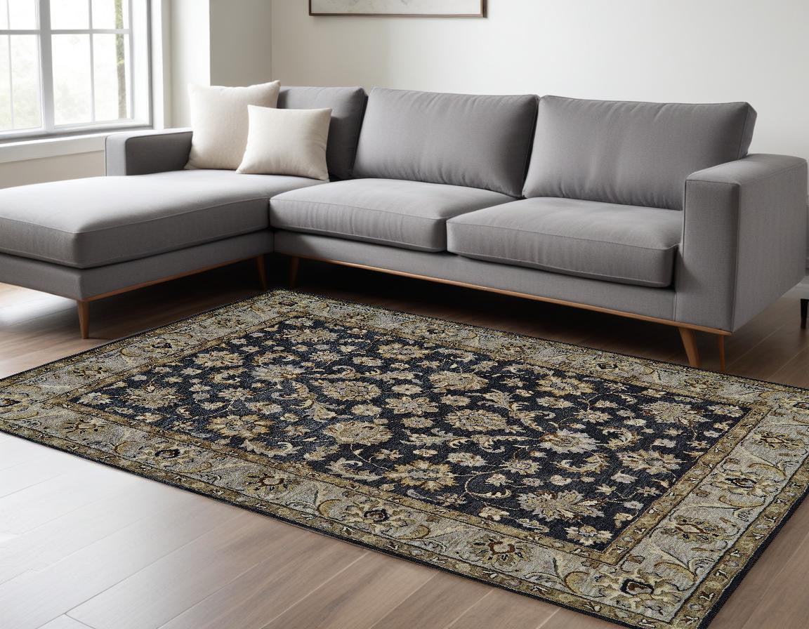 5' X 8' Blue Gray And Taupe Wool Floral Tufted Handmade Stain Resistant Area Rug
