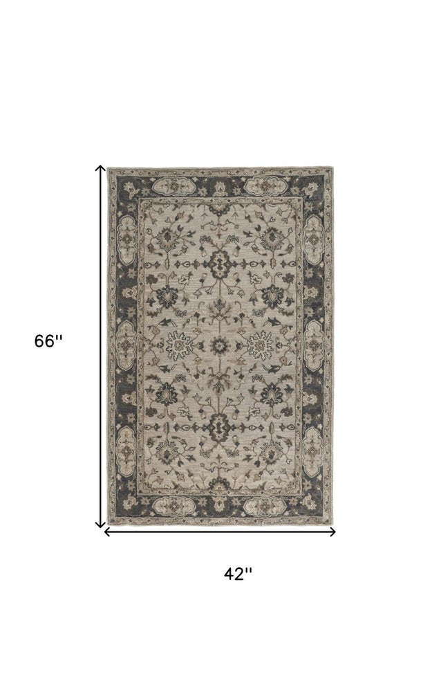 4' X 6' Gray and Ivory Wool Floral Hand Tufted Area Rug