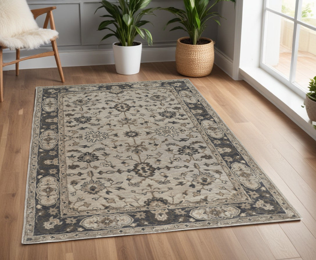 10' Gray and Ivory Wool Floral Hand Tufted Runner Rug